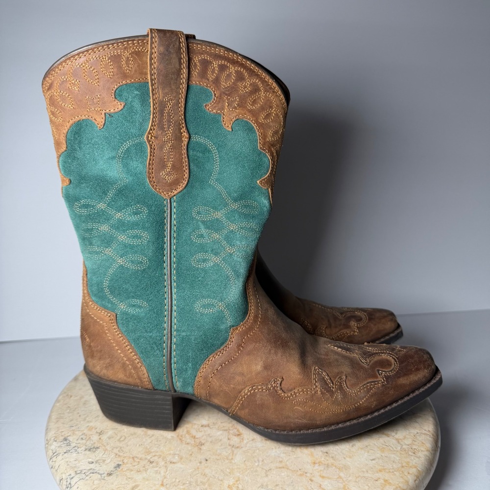 Ariat Western Cowboy Boots 4 Youyh Brown Teal Blue Leather Suede Snip Toe